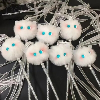 Αστεία διαδραστικά παιχνίδια για γάτες Kawaii βελούδινα λευκή φούντα καμπάνα παιχνίδια με ραβδί γάτα για γατάκι που παίζει Teaser κορδέλα ραβδί παιχνίδια για γάτες προμήθειες