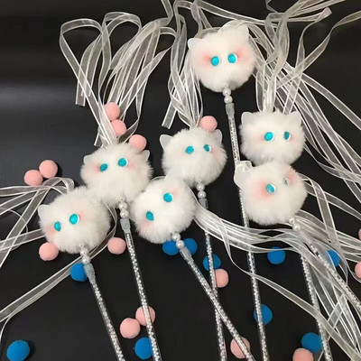 Funny Interactive Cat Toys Kawaii Plush White Tassel Bell Cat Stick Toys for Kitten Playing Teaser Ribbon Wand Toys Cat Supplies