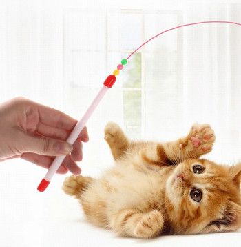 Интерактивни играчки за котки Feather Bell Wand Teaser Rod Funny Fish Shape Bell Bead Play Pet Wand Toy Steel Wire Feather Cat Teaser Toy