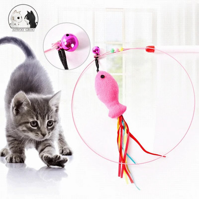 Interactive Cat Toys Feather Bell Wand Teaser Rod Funny Fish Shape Bell Bead Play Pet Wand Toy Steel Wire Feather Cat Teaser Toy