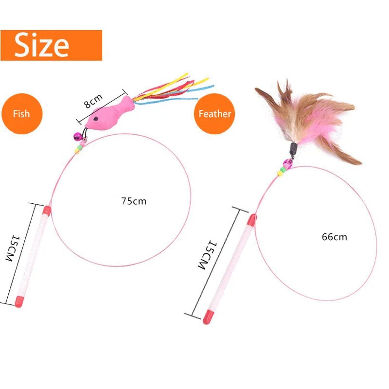 Interaktív macskajátékok Toll csengő pálca ugrató rúd Vicces hal alakú haranggyöngy játék kisállat pálca játék Acél drót toll macska ugrató játék