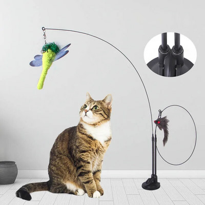 Funny Cat Toys Δικέφαλο βεντούζα για γάτα Teaser Stick Αφαιρούμενο χειροκίνητο διαδραστικό παιχνίδι ποντικιού με καμπάνα για κατοικίδια