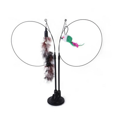 Funny Cat Toys Δικέφαλο βεντούζα για γάτα Teaser Stick Αφαιρούμενο χειροκίνητο διαδραστικό παιχνίδι ποντικιού με καμπάνα για κατοικίδια