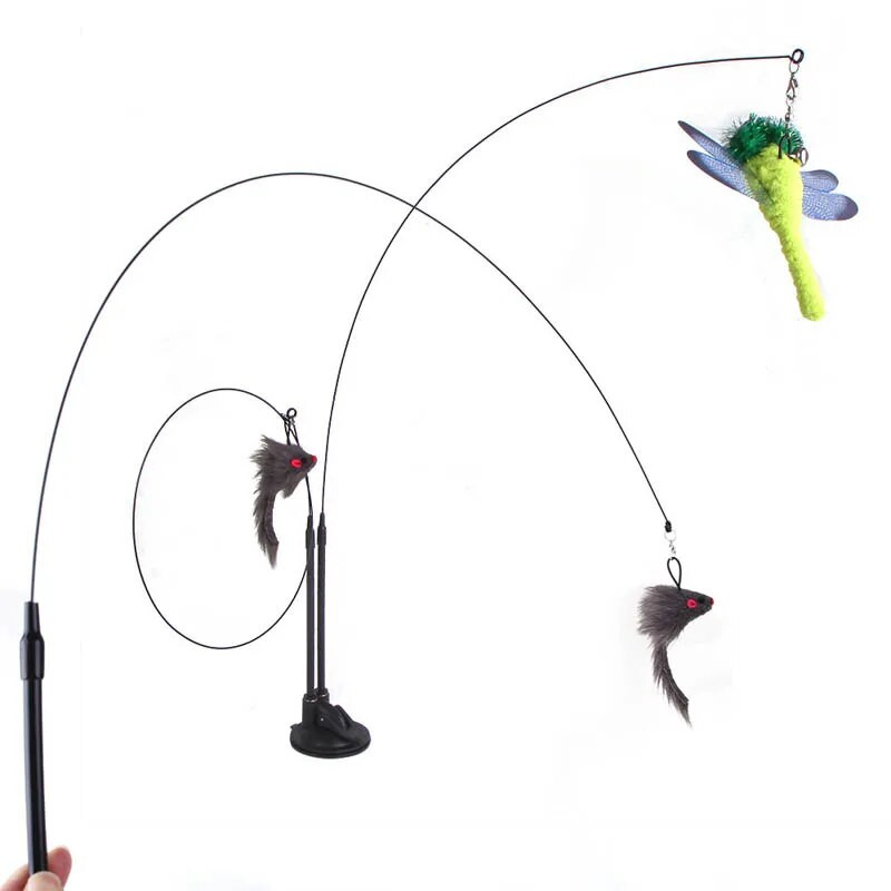 Vicces macskajátékok Kétfejű tapadókorongos macska ugrató kivehető kézi macska interaktív játék egér toll csengő kisállat kellékek