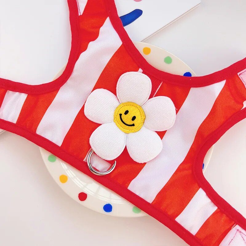 Macskahám és póráz kis lány kutyáknak Macskák kiskutya No Pull Napraforgó szövettel, virág klipszes dekorációval