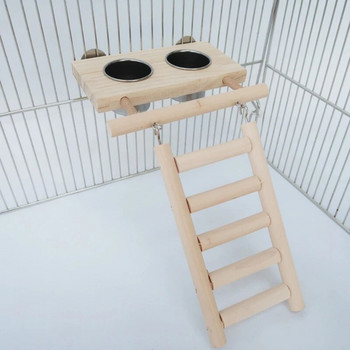 Δίσκος τροφοδοσίας πουλιών από ανοξείδωτο ατσάλι Κύπελλο μπολ τροφοδοσίας κλουβιού παπαγάλου με ξύλινη πλατφόρμα σκάλας παιχνίδια προμήθειες πουλιών