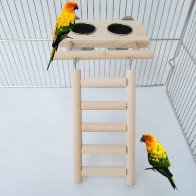 Stainless Steel Bird Feeding Tray Cup Parrot Cage Feeder Bowl With Wooden Platform Ladder Toy Bird Supplies