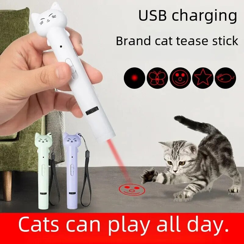 Lézeres macskajáték Usb újratölthető infravörös több mintás kisállatkellékek Interaktív macska ugrató pálca játék cicáknak, macskáknak