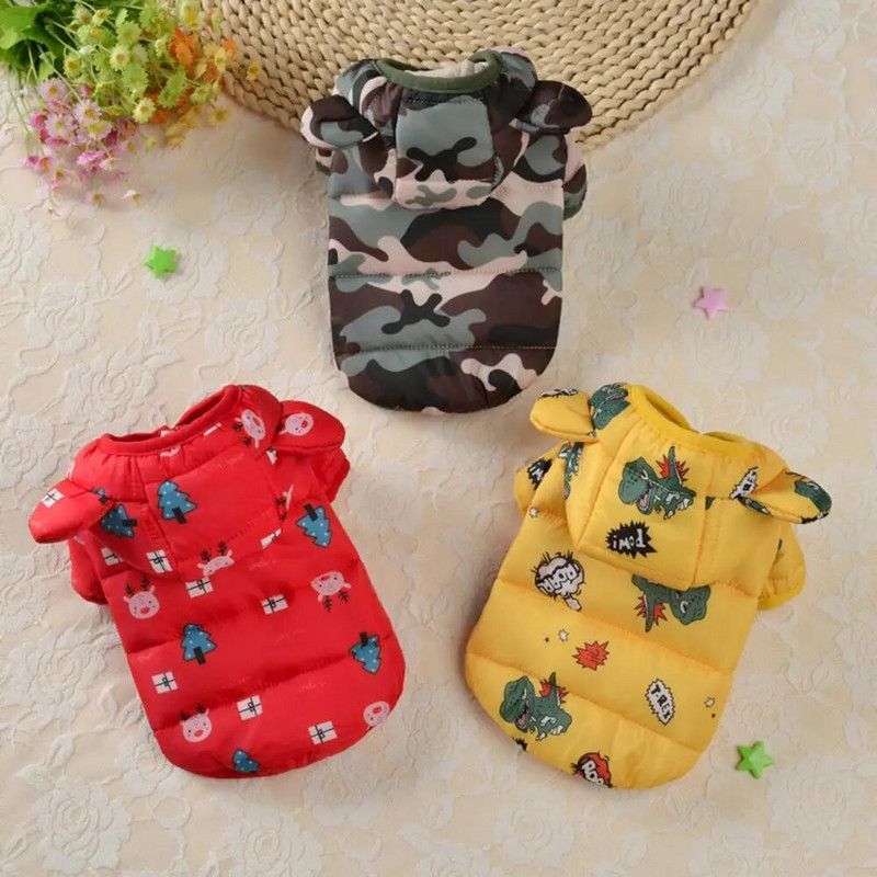 Kutya téli kabát fülek dekoráció hosszú ujjú kapucnis vastag két láb meleg nyomtatás kutya toll kabát kutya téli ruhák