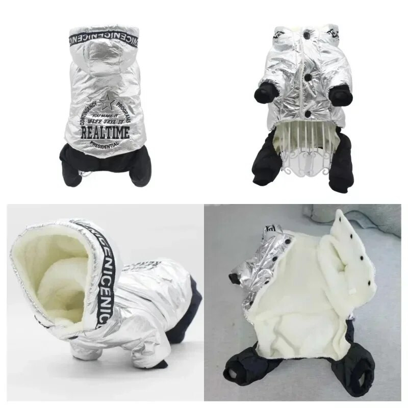Téli kutyaruházat Ezüst színű Jumpsuit kutyáknak Vastag kisállat kapucnis pulóver Parkas Meleg négylábú overál kutyáknak Pamut macska kutyapáncél