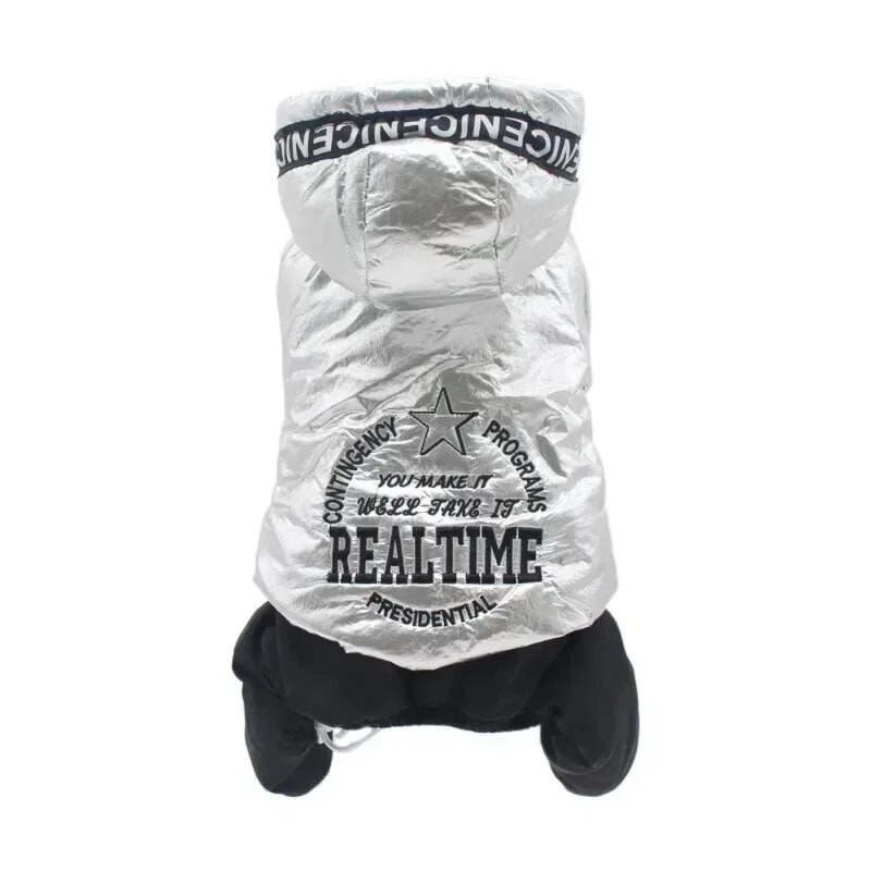 Téli kutyaruházat Ezüst színű Jumpsuit kutyáknak Vastag kisállat kapucnis pulóver Parkas Meleg négylábú overál kutyáknak Pamut macska kutyapáncél