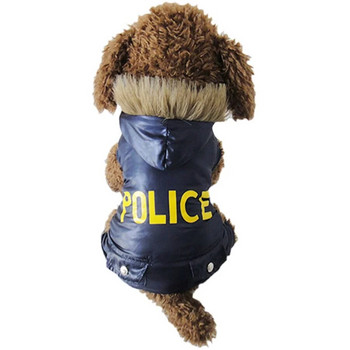 Дрехи за домашни любимци Косплей Полицейски стил Удебелено топло палто за кучета Зимно ветроустойчиво палто Гащеризон Ново облекло за кучета с качулка