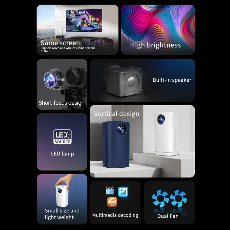 T30 mini projektor 1080P vezeték nélküli hordozható filmvetítők 100"-os azonos képernyős technikával, kétventilátoros hőelvezetés házimozihoz