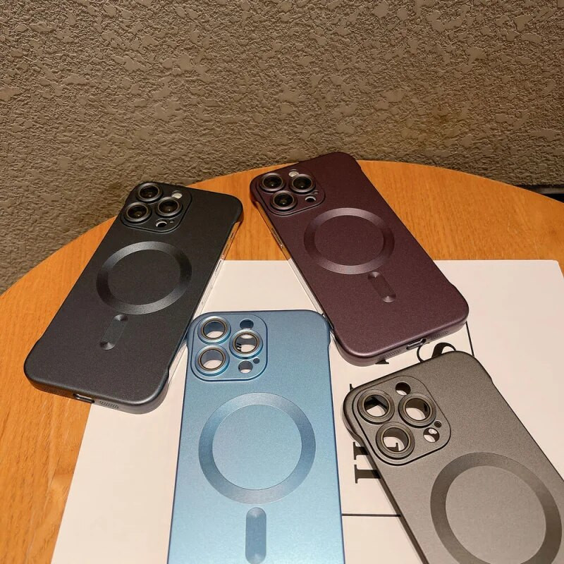 Lencsevédő mágneses Magsafe Borderless Slim telefontok iPhone 15 14 Plus 13 12 Pro Max Hard PC ütésálló burkolathoz