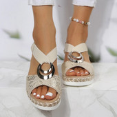 Μεταλλική διακόσμηση Γυναικεία πέδιλα Wedges 2024 Summer Snake Print Platform Gladiator Shoes Woman Comfort Casual Med Heels σανδάλια