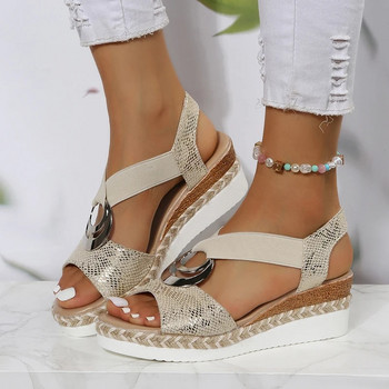 Μεταλλική διακόσμηση Γυναικεία πέδιλα Wedges 2024 Summer Snake Print Platform Gladiator Shoes Woman Comfort Casual Med Heels σανδάλια