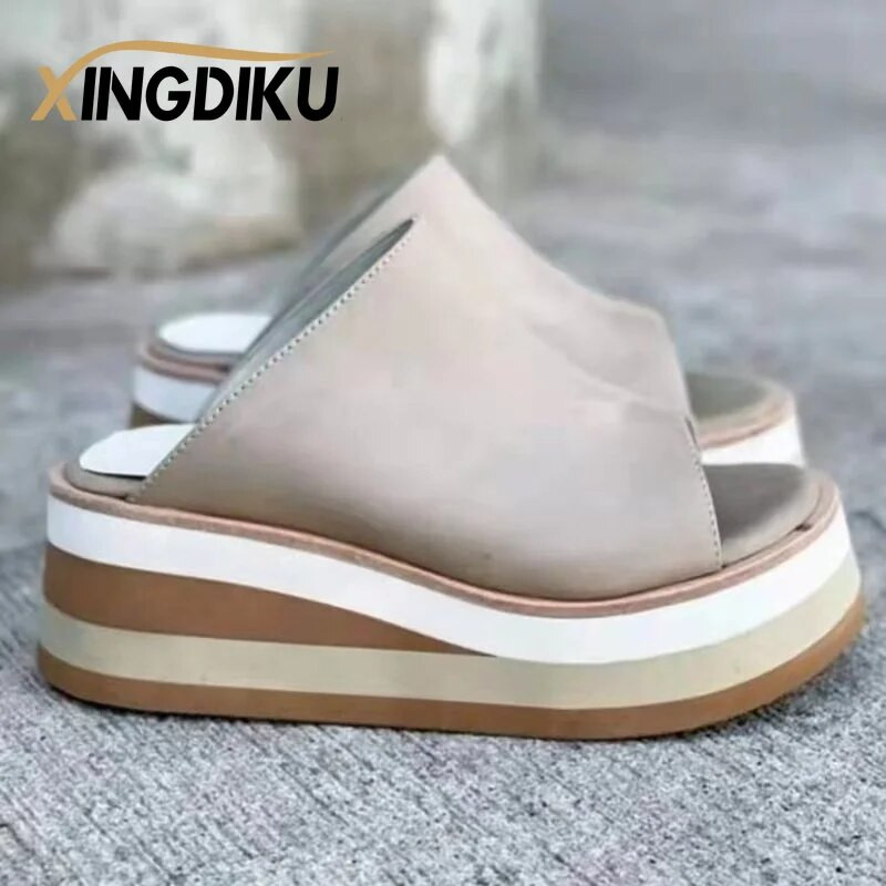 Vasaras sieviešu apavi sandales Word Wedge Čības Svītrainas Krāsa Pieskaņotas Pludmales Sandales Brīvdienu Piejūras ceļojumu Apavi Melns Bēšs