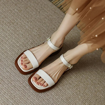 Летни дамски сандали Луксозни кожени сандали Модни сандали с отворени пръсти с каишка с квадратни пръсти Удобни сандали с блок ток Платформа