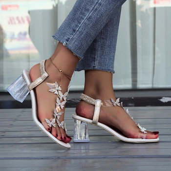Дамски сандали с еластични кристали Елегантни дизайнерски дамски разпродажба Pvc модни удобни парти обувки на висок ток със среден блок Летни