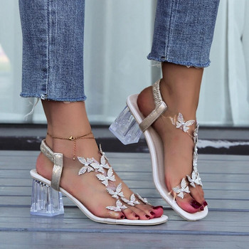 Дамски сандали с еластични кристали Елегантни дизайнерски дамски разпродажба Pvc модни удобни парти обувки на висок ток със среден блок Летни