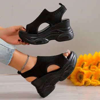 Сандали с дебела подметка Мрежести дишащи сандали с наклонен ток с рибена уста Дамски летни спортни и развлекателни обувки Дамски обувки на открито