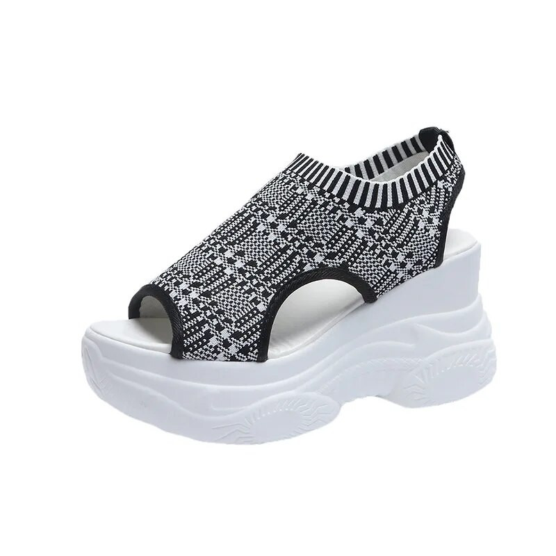 Sieviešu sandales 2023. gada vasaras ķīļveida papēdis, elastīgs auduma pārklājums kājām Sieviešu sandales ar biezu zoli, modes sīkumiem, paaugstinājumiem ikdienas apavi