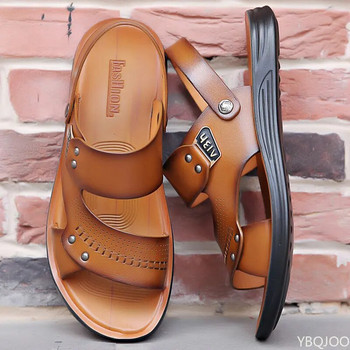 Обувки 2023 Модни мъжки летни нови ретро кожени нехлъзгащи се плажни сандали с приплъзване Пътни джапанки Чехли Черно кафяво