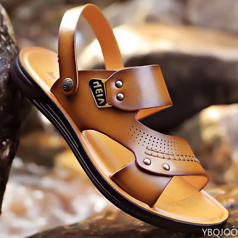 Cipők 2023 Divat Férfi Nyár Új Retro Bőr Csúszásmentes Strand Slip-on Szandál Utazás Flip-flop Papucs Fekete Barna