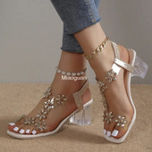 Átlátszó négyszögletes sarkú szandál női luxus villanófúró nyári magassarkú divat női cipő alacsony sarkú szandál 43-as méret