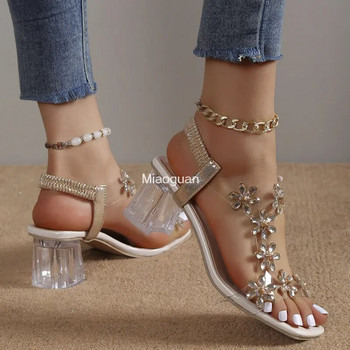 Прозрачни сандали с квадратен ток за жени Луксозни светкавици Летни високи токчета Модни дамски обувки Сандалии с нисък ток Размер 43