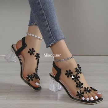 Прозрачни сандали с квадратен ток за жени Луксозни светкавици Летни високи токчета Модни дамски обувки Сандалии с нисък ток Размер 43
