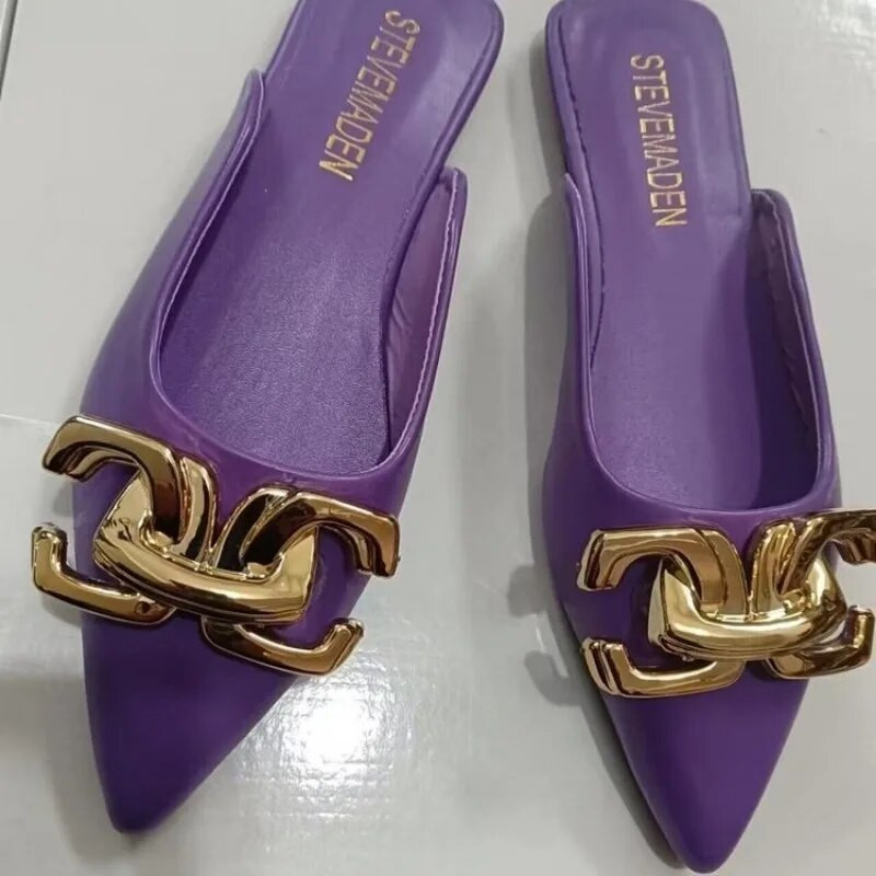 Női cipők 2024 Slingbacks női papucsok új fém dekorációval mindennapi női papucsok női szexi hegyes orrú lapos papucsok