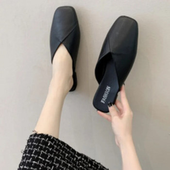 Дамски мулета 2023 Летни елегантни плоски чехли със затворени пръсти Дамски обувки Ежедневни кожени черни бели пързалки Плюс размер 35-43