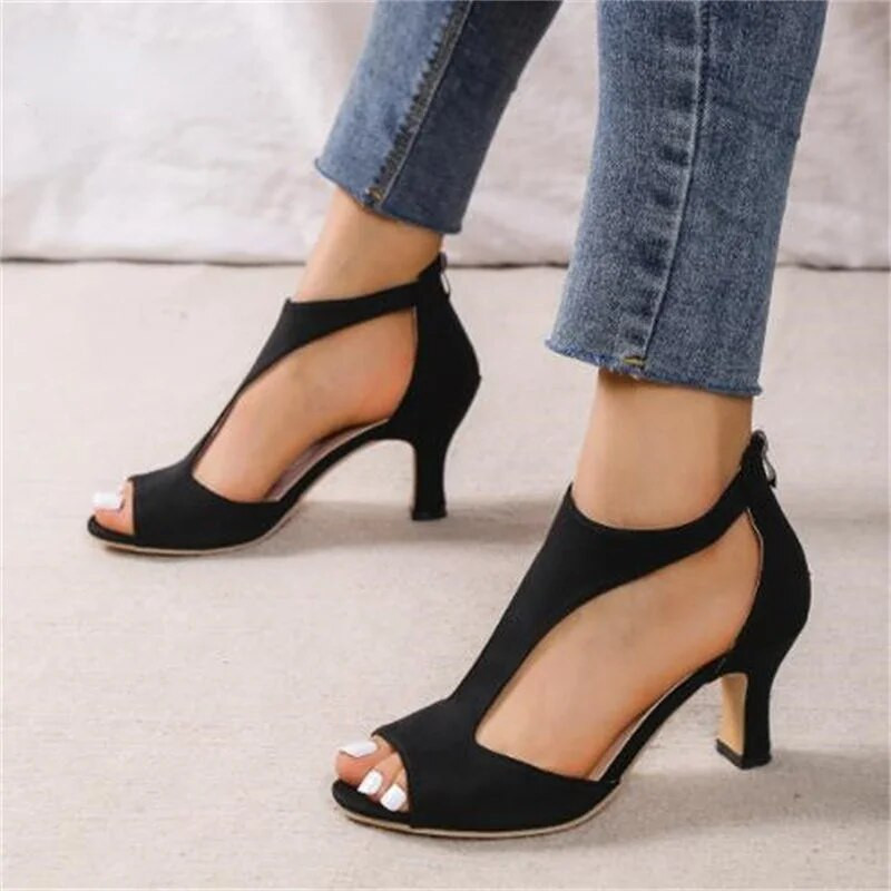 Vienkāršs un moderns aizmugures rāvējslēdzējs Fishmouth Shoes Sieviešu Summer Stiletto Roman Sandals Sieviešu apavi Chaussure Femme 2023