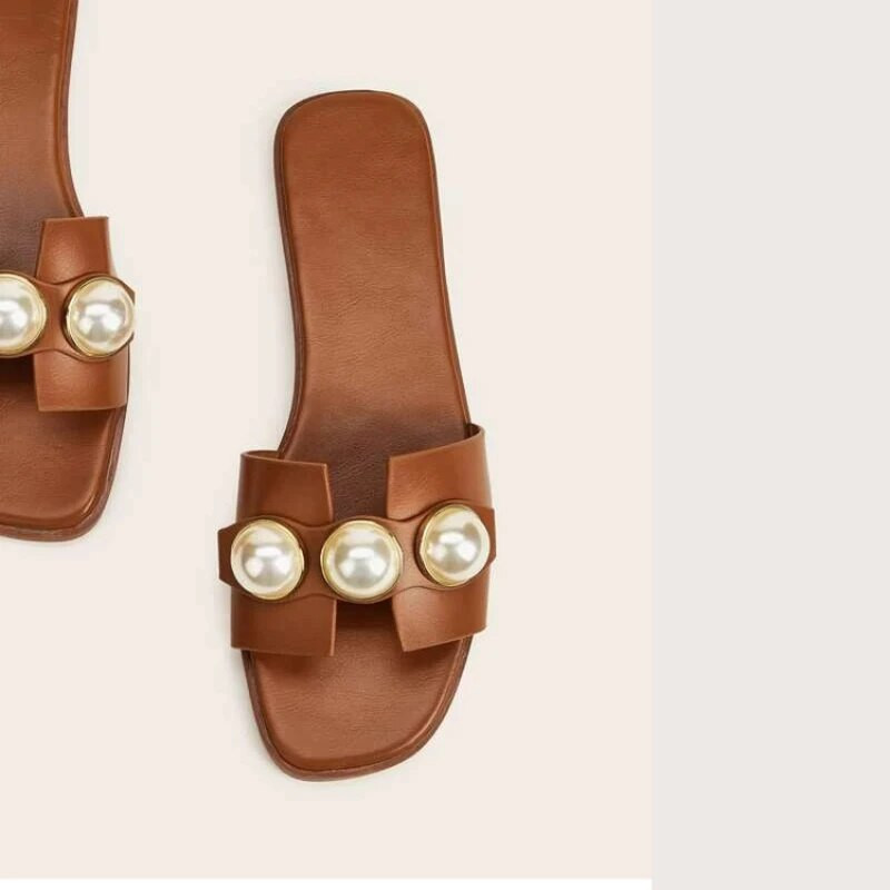 Új női papucsok divat alkalmi gyöngy egyszínű laposok egyszerű kültéri komfort puha talpú strandszandálok női szandálok