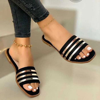 Γυναικείες παντόφλες Νέα μεταλλικά ριγέ καλοκαιρινά ίσια παπούτσια Fashion Slip on Slides Γυναικεία Casual Γυναικεία σανδάλια Plus Size 43
