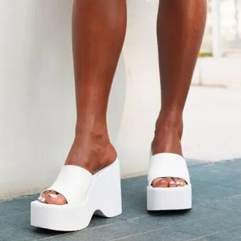 луксозни летни дамски нови бели сандали на висок ток с дебела подметка дамски чехли с квадратни пръсти с наклонен ток чехли размер