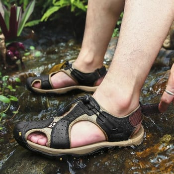 Маркови мъжки сандали, летни сандали от естествена кожа, външни мъжки плажни обувки Римски сандали, удобни големи мъжки ежедневни обувки