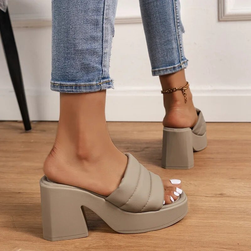 Platformas sandales ar bieziem papēžiem Sievietēm Vasaras augstpapēžu kurpes Mūļa čības Sieviešu komforts Mīkstas, ikdienas pludmales slidkalniņi