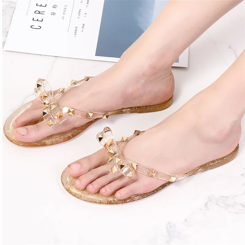 Női alacsony árú zselés cipők szegecsek szegecsek íjcsomó szabadidő Napi papucsok esős napokra csúszásgátló lapos papucsok Zoris 36