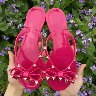 Izmērs 36-42 2024 Karstā izpārdošana Mode Sieviešu flip Flops Vasaras Kurpes Forši Pludmales Kniedes Liels Bow Plakanas Sandales Želejā Kurpes Sandales Meitenēm