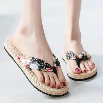 Дамски летни имитация на сламена тъкани пантофи за пътуване Еспадрили Джапанки Модни бохемски сатенени сандали и чехли