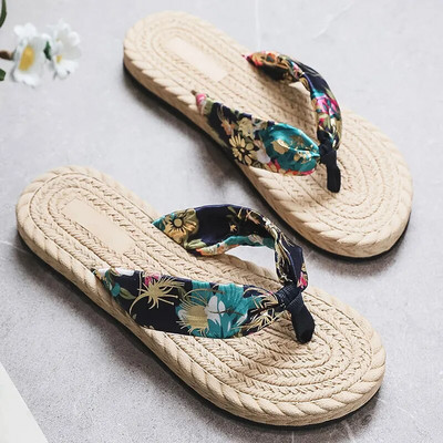 Sieviešu vasaras imitācijas, salmu austas ceļojumu čības Espadrilles čības Modes bohēmijas satīna auduma sandales un čības