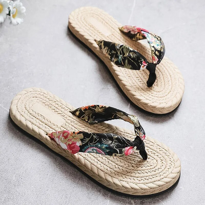 Sieviešu vasaras imitācijas, salmu austas ceļojumu čības Espadrilles čības Modes bohēmijas satīna auduma sandales un čības