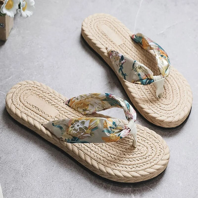 Sieviešu vasaras imitācijas, salmu austas ceļojumu čības Espadrilles čības Modes bohēmijas satīna auduma sandales un čības