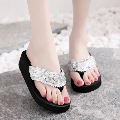 Sieviešu vasaras sandales Sequins Pludmales Sieviešu čības Sieviešu čības Augstpapēžu kurpes Sievietēm 2023 Platforma Ķīļi Čības