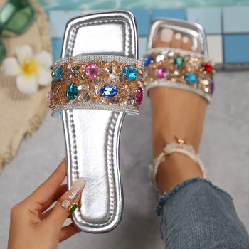 Летни блестящи чехли за жени Нови дамски плоски плажни чехли Дамски сребърни сандали Външни обувки Луксозни дизайнерски големи размери 43