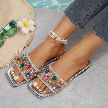 Летни блестящи чехли за жени Нови дамски плоски плажни чехли Дамски сребърни сандали Външни обувки Луксозни дизайнерски големи размери 43