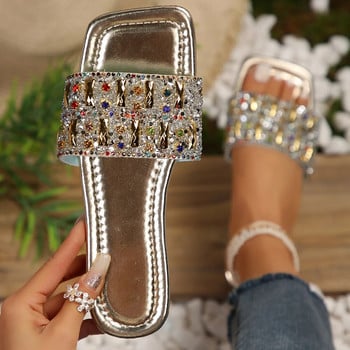 Летни чехли за жени Нови дамски плоски плажни чехли Дамски диамантени сандали Външни обувки Луксозни дизайнерски големи размери 43