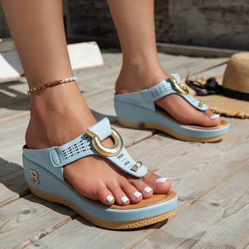 2023 нови дамски чехли с дебели подметки с метална катарама и рибена кост за нови дамски летни облекла плажни сандали с наклонен ток